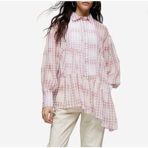 TOPSHOP Flowy Blouse Size 8 Tiered Chiffon Pink Houndstooth Tunic Top Long Sleev